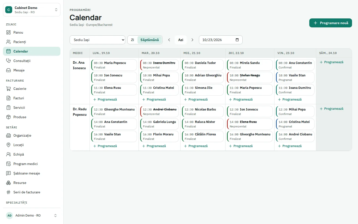 Calendarul Clinesto: o săptămână, câte o bandă pe medic, programări colorate după status